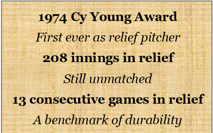 Dr. Mike Marshall, first relief pitcher to win Cy Young Award. He pitched over 208 innings and in 13 consecutive games in relief in one season.