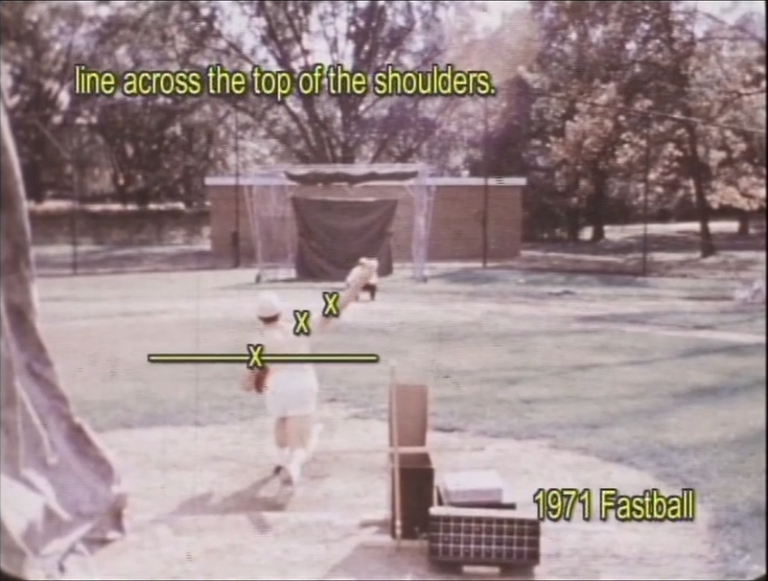 Mike Marshall throwing a fastball in 1971, rear view. Traditional motion annotated to show anatomical impossibility. Part of Dr. Mike Marshall biomechanics pitching reform.