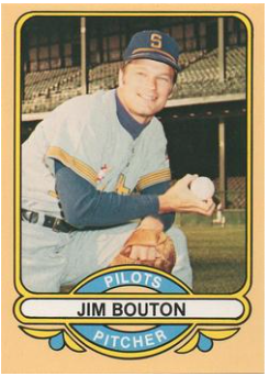 Vintage 1969 baseball card showing Jim Bouton in a Seattle Pilots uniform, taking a knee on the field with his left forearm resting on his thigh, glove on his left hand, and right hand holding a baseball in a knuckleball grip.