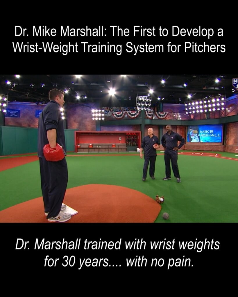 Dr. Mike Marshall’s Wrist Weight Training System for Pitchers — MLB Network Studio 42, 2009. Pitcher Joe Williams stands on the mound holding a wrist weight while Dr. Marshall and host Harold Reynolds observe.